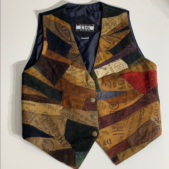 Vintage DS Don’t Stop western Leather Newsprint Vest medium patchwork women’s - Picture 3 of 7